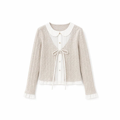 DAILY ARTIST - Warm Beige Faux-Layer Doll-Collar Tie Cardigan