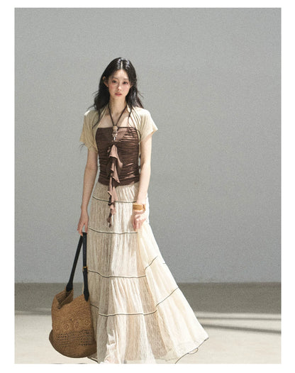 "In the Evening Breeze" Chestnut Brown Halter Ruched Top & Milk Tea Shrug Set