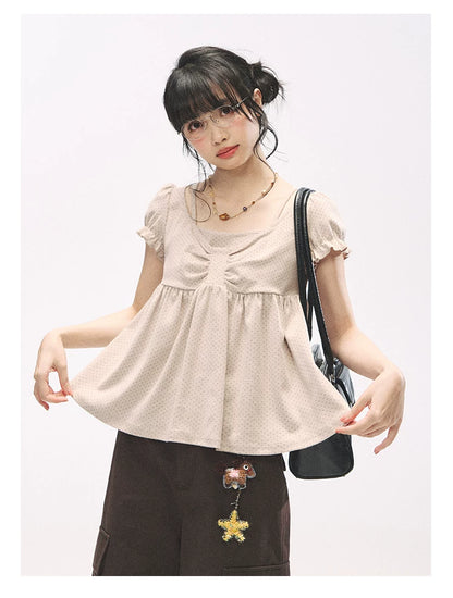 "Sweetheart Crew" Polka Dot Faux Two-Piece Bow Knit Short Sleeve Top
