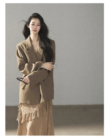 AOMALM - Cinnamon Gray-Brown Ruffle Chiffon Maxi Dress