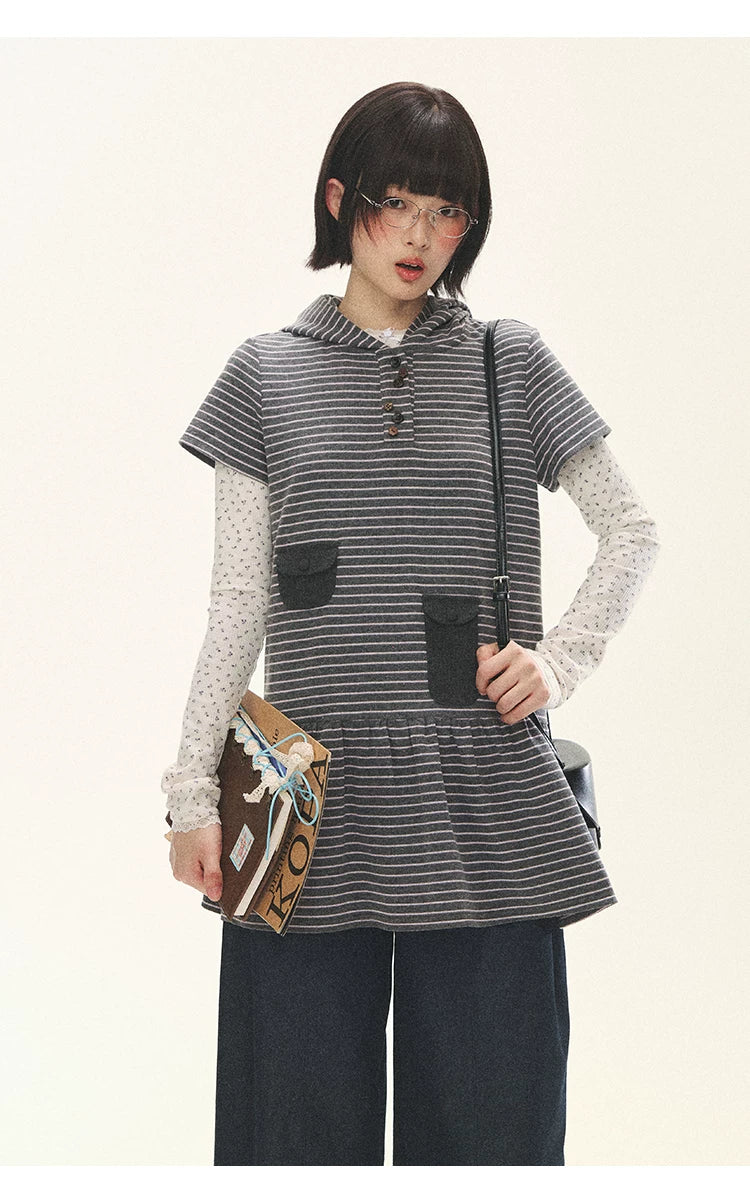"Seoul Diary" Gray & Pink Stripe Hooded Knit Mini Dress