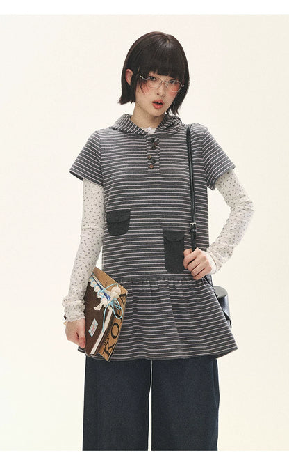 "Seoul Diary" Gray & Pink Stripe Hooded Knit Mini Dress