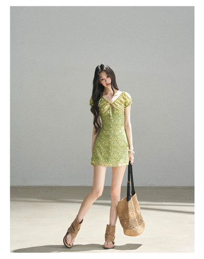 "Breath of the Forest" Misty Sage Embroidered Chiffon Mini Dress