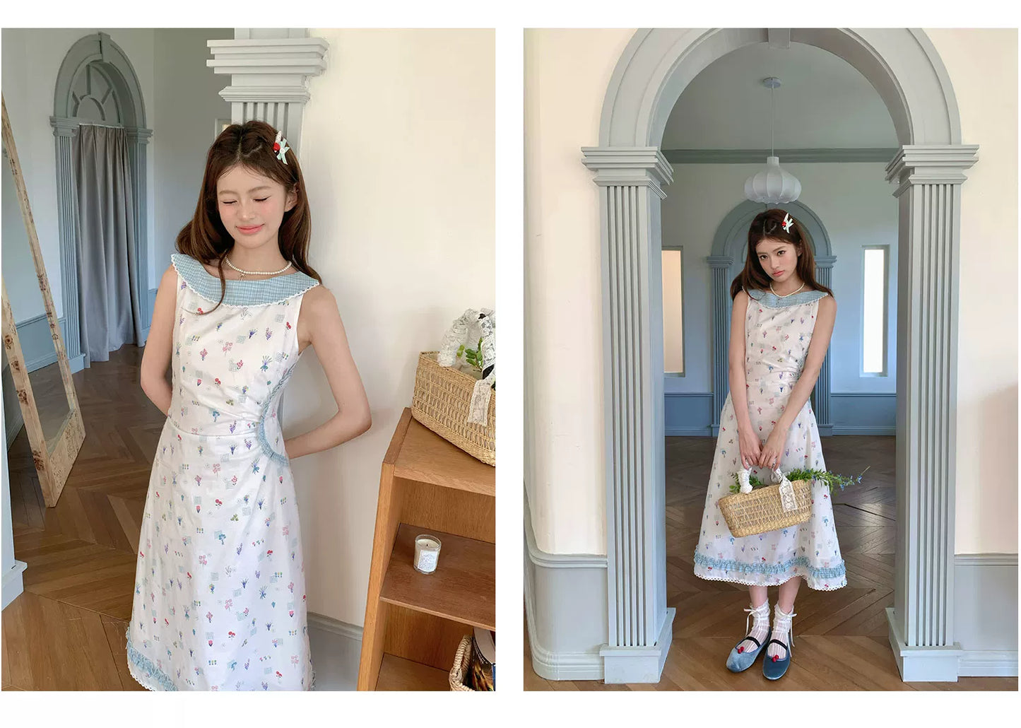 “Blue Meadow Letter” Misty Blue Floral Maxi Dress
