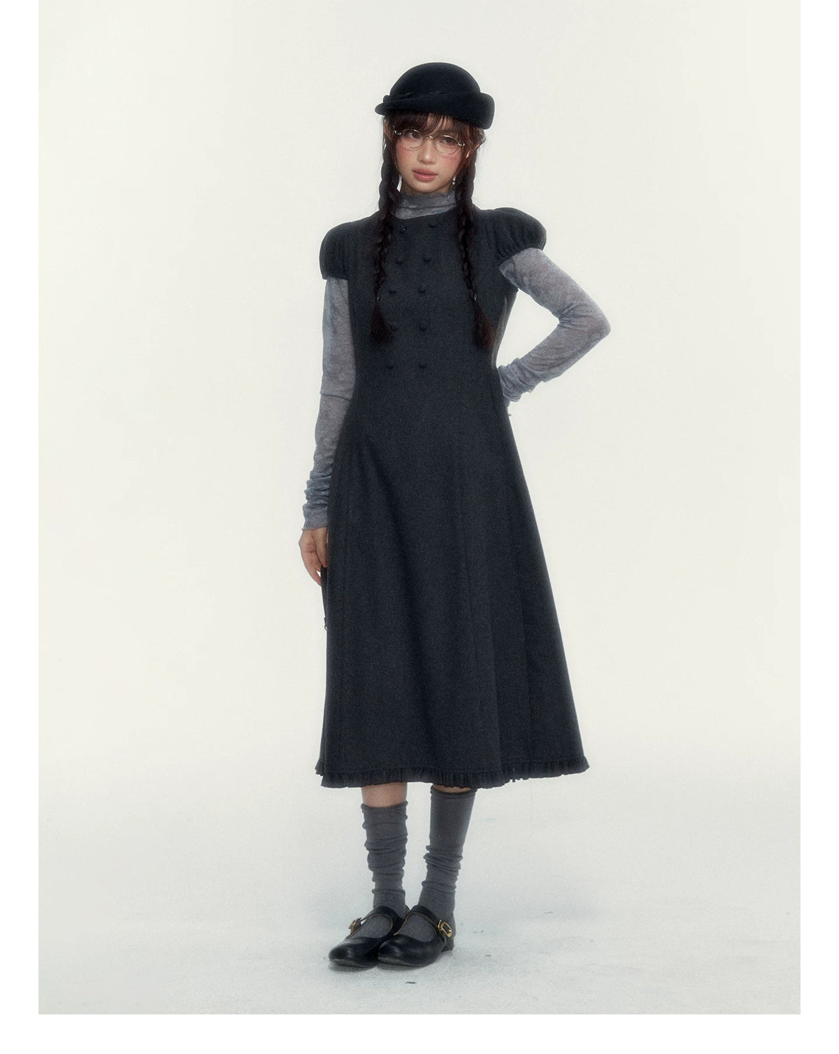 Vintage Double-Breasted Wool Dress & Knit Fringe Cape Set
