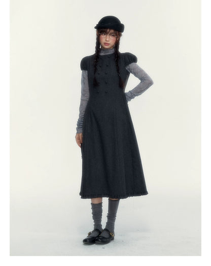 Vintage Double-Breasted Wool Dress & Knit Fringe Cape Set