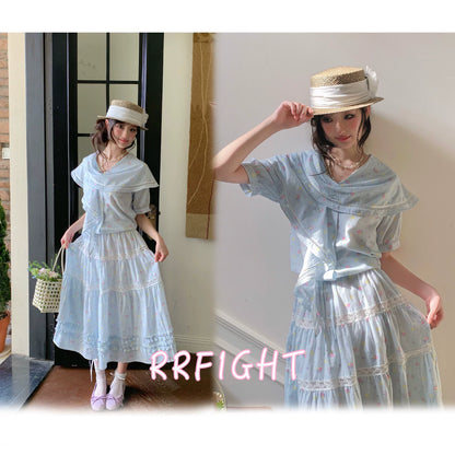 “Blue Blossom Chronicle” Ice Blue Floral Skirt Set