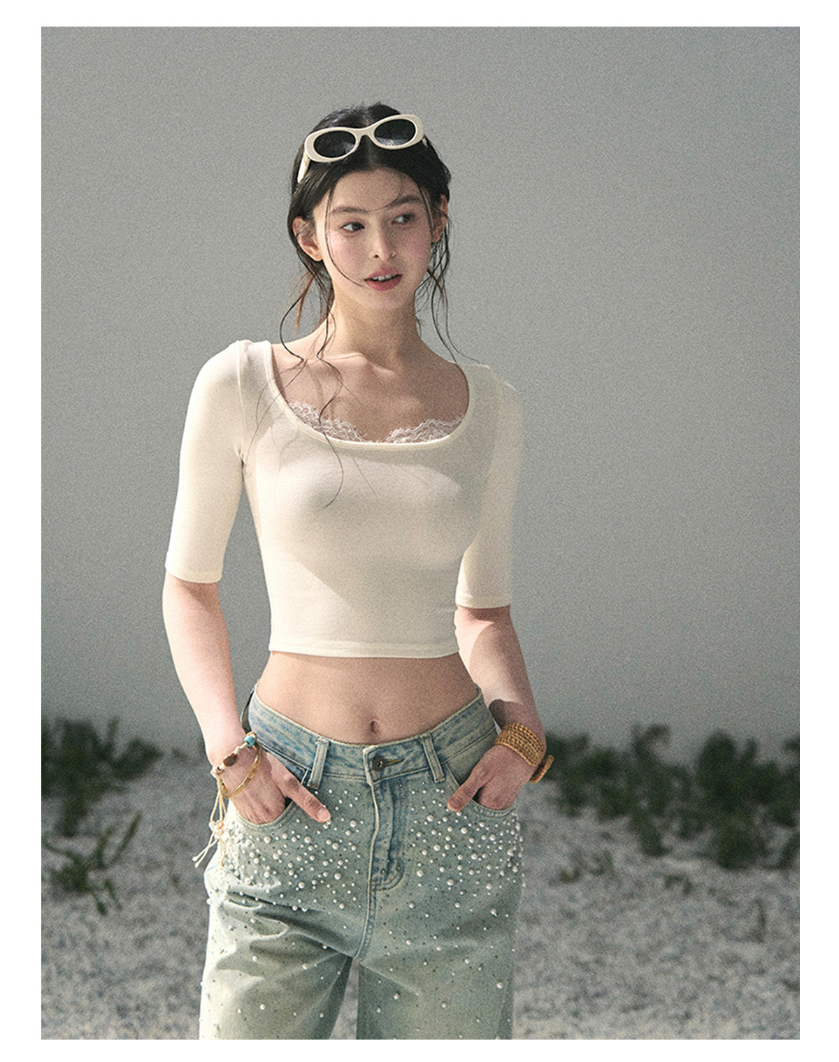 “Soft Winds in Lace” Ivory Lace Trim Fitted Top