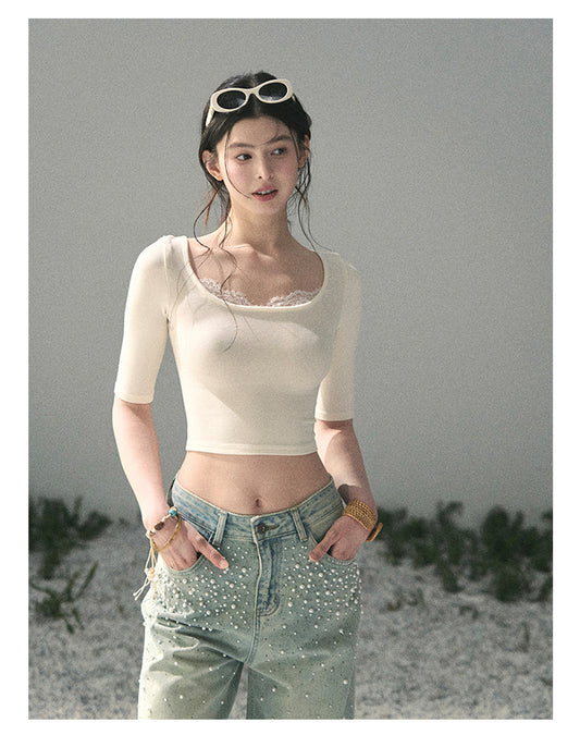 “Soft Winds in Lace” Ivory Lace Trim Fitted Top