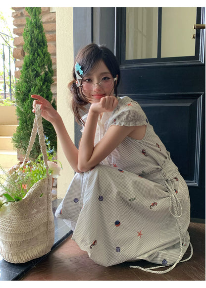 “Seaside Plaid Isle” Ocean Plaid Bubble Hem Dress