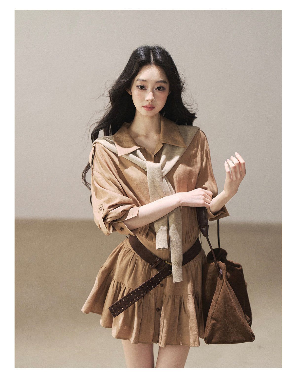 170726 "Through the Golden Wheat Fields" Chestnut Brown Utility Shirt Mini Dress with Belt & Shorts
