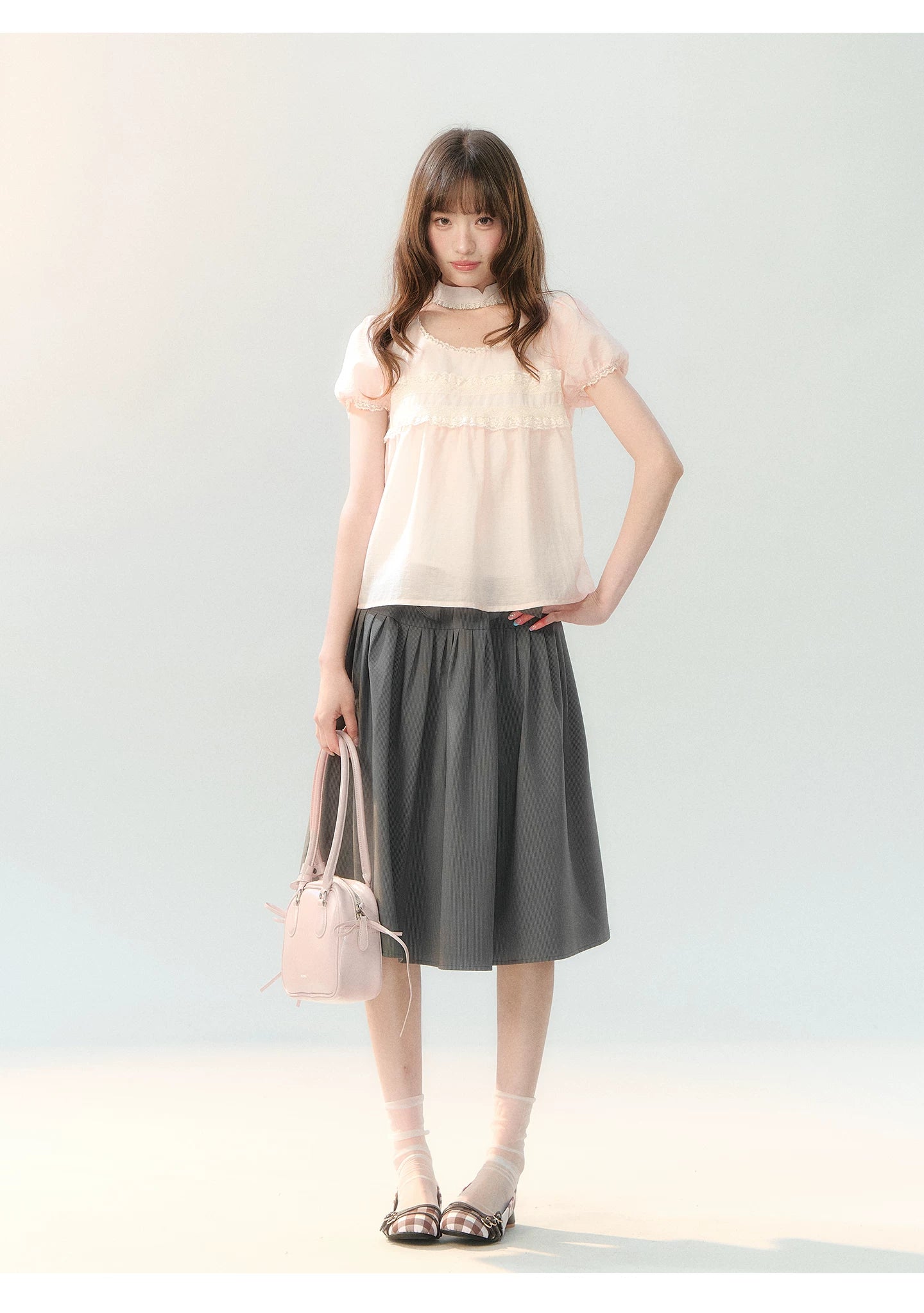 "Cloud Gray Sweet Pleats" Gray Stripe Bow Pleated Skirt LL2026219