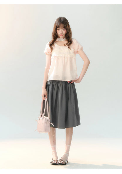 "Cloud Gray Sweet Pleats" Gray Stripe Bow Pleated Skirt LL2026219