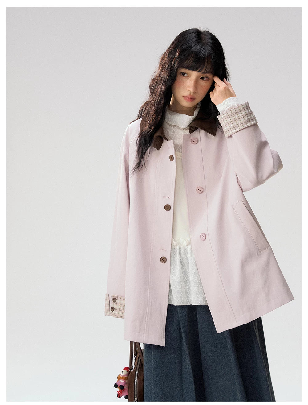 [CAN] Marshmallow & Cookie" Dusty Pink & Brown Plaid Bow Embroidered Trench Coat