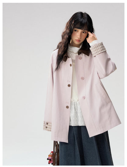 [CAN] Marshmallow & Cookie" Dusty Pink & Brown Plaid Bow Embroidered Trench Coat