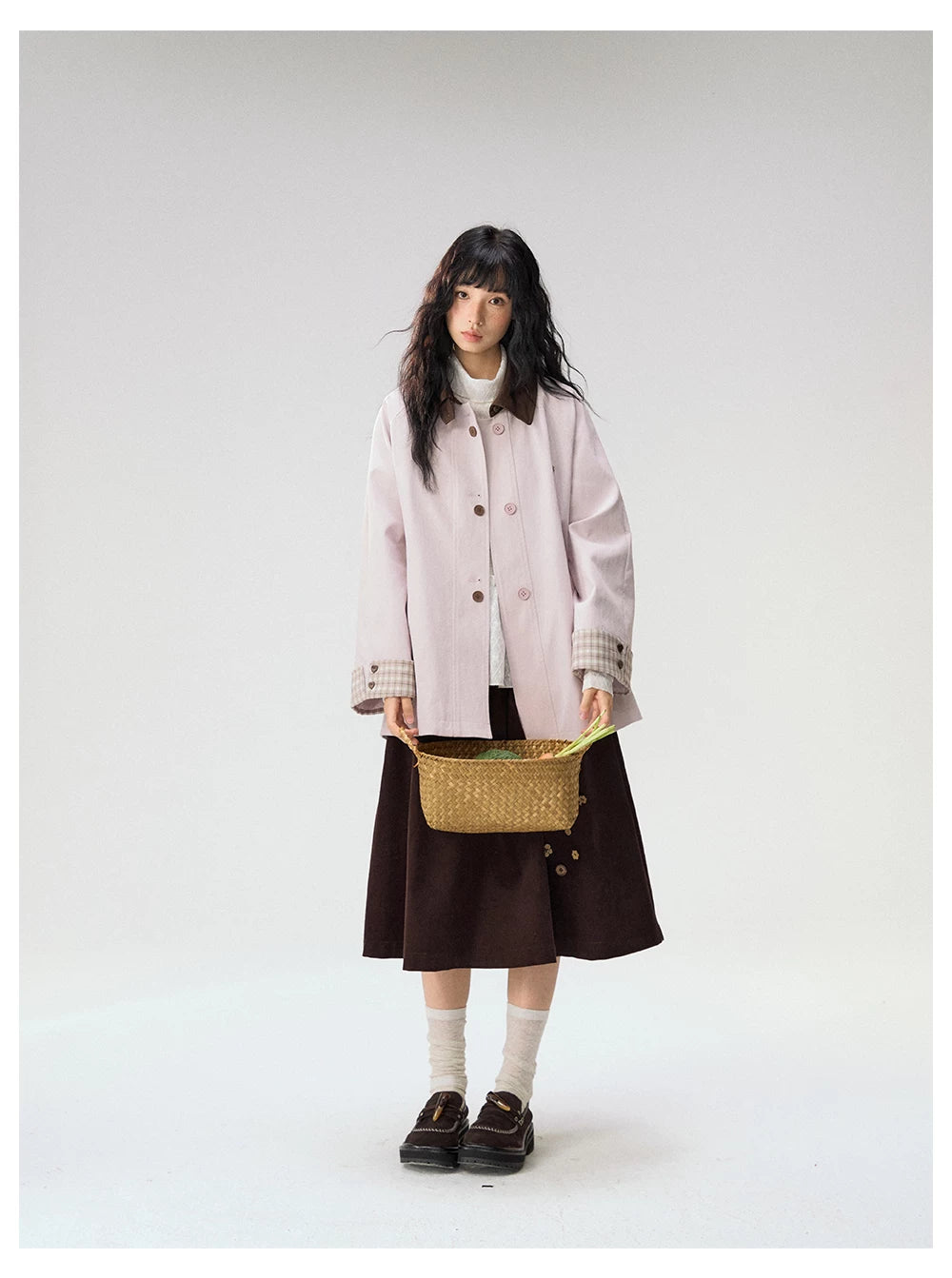 [CAN] Marshmallow & Cookie" Dusty Pink & Brown Plaid Bow Embroidered Trench Coat