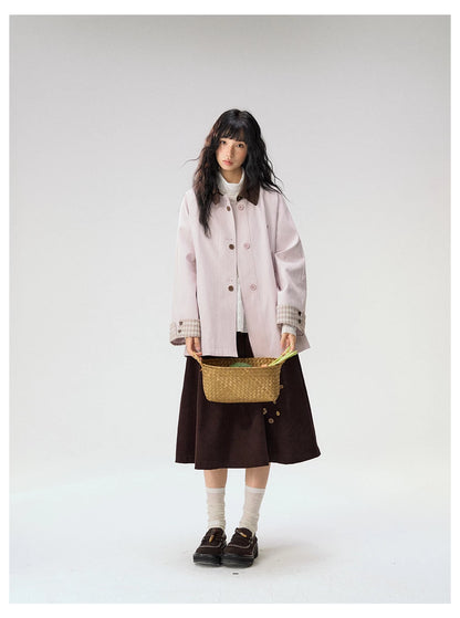 [CAN] Marshmallow & Cookie" Dusty Pink & Brown Plaid Bow Embroidered Trench Coat