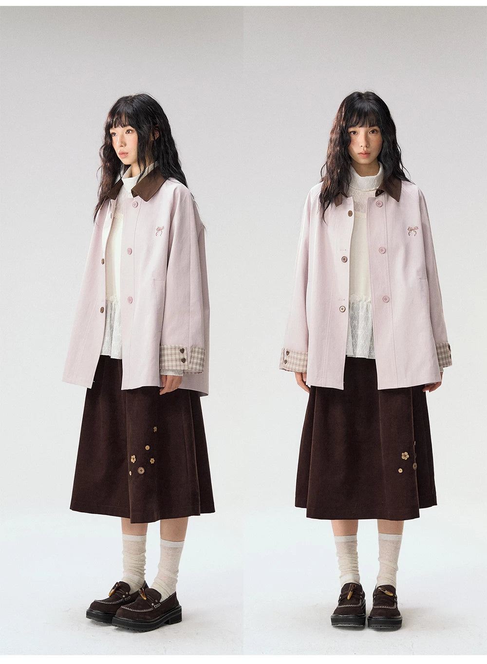 [CAN] Marshmallow & Cookie" Dusty Pink & Brown Plaid Bow Embroidered Trench Coat