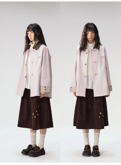 [CAN] Marshmallow & Cookie" Dusty Pink & Brown Plaid Bow Embroidered Trench Coat