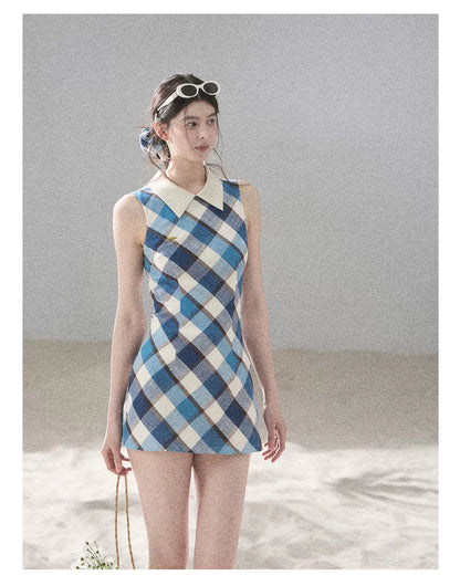 "Sunset by the Shore" Vintage Blue Plaid Polo Mini Dress 358648564