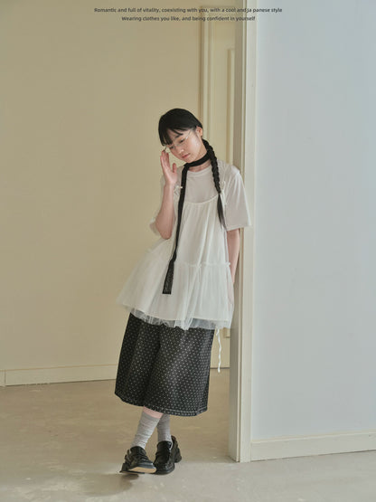 "Airy Veil" Layering Mesh Cami Top (Black / White)