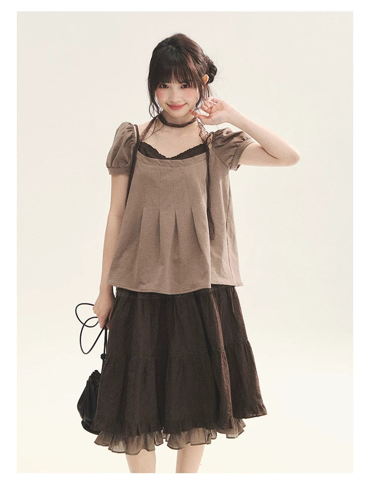 "Faded Bloom" Deep Brown Red Lace Trim Tiered A-Line Skirt