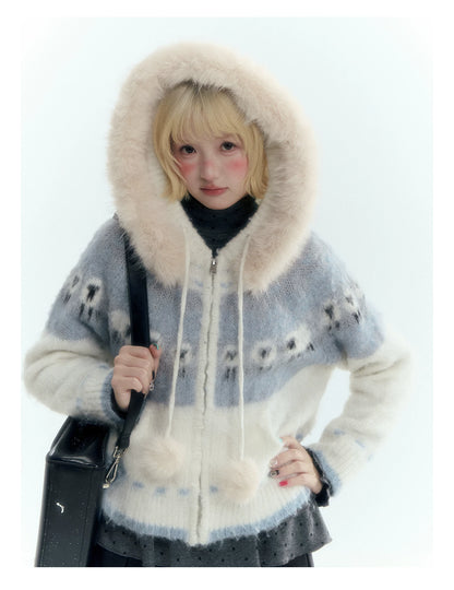 Horridale - Ice Blue White Sheep Jacquard Hooded Knit Cardigan