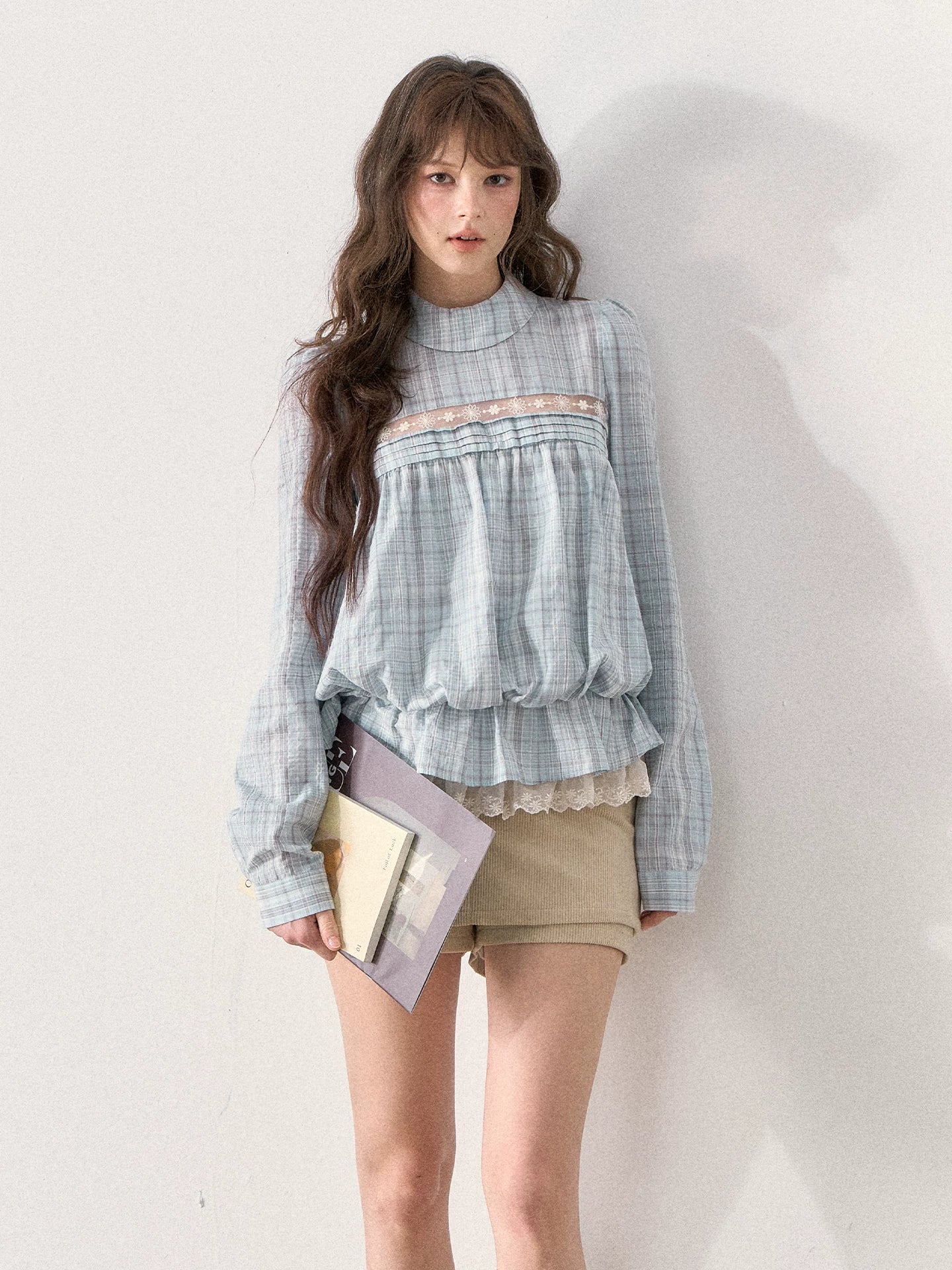 [TMMG] French Vintage Plaid Lace Ruffle Blouse (Blue Plaid)