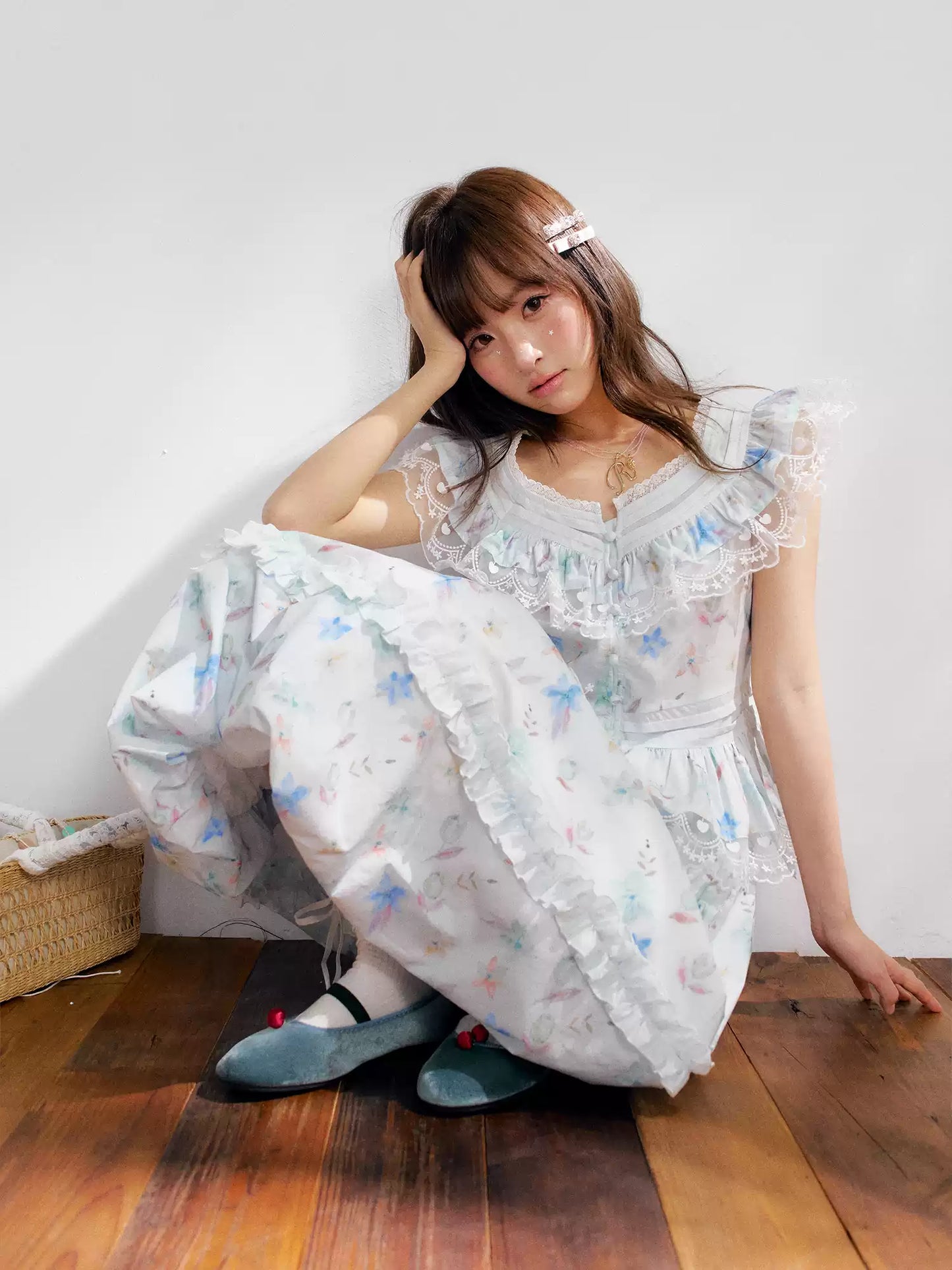 “Mint Blossom Isle” Blue Lace Trim Top & Bubble Hem Skirt