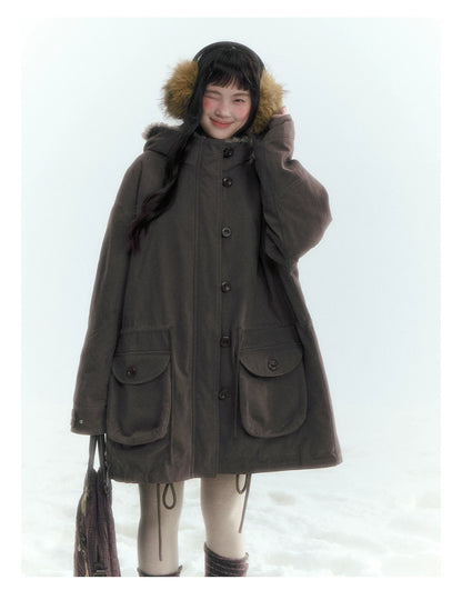 Horridale - Vintage Washed 90% White Duck Down Parka with Faux Fur Hood - Coffee Brown