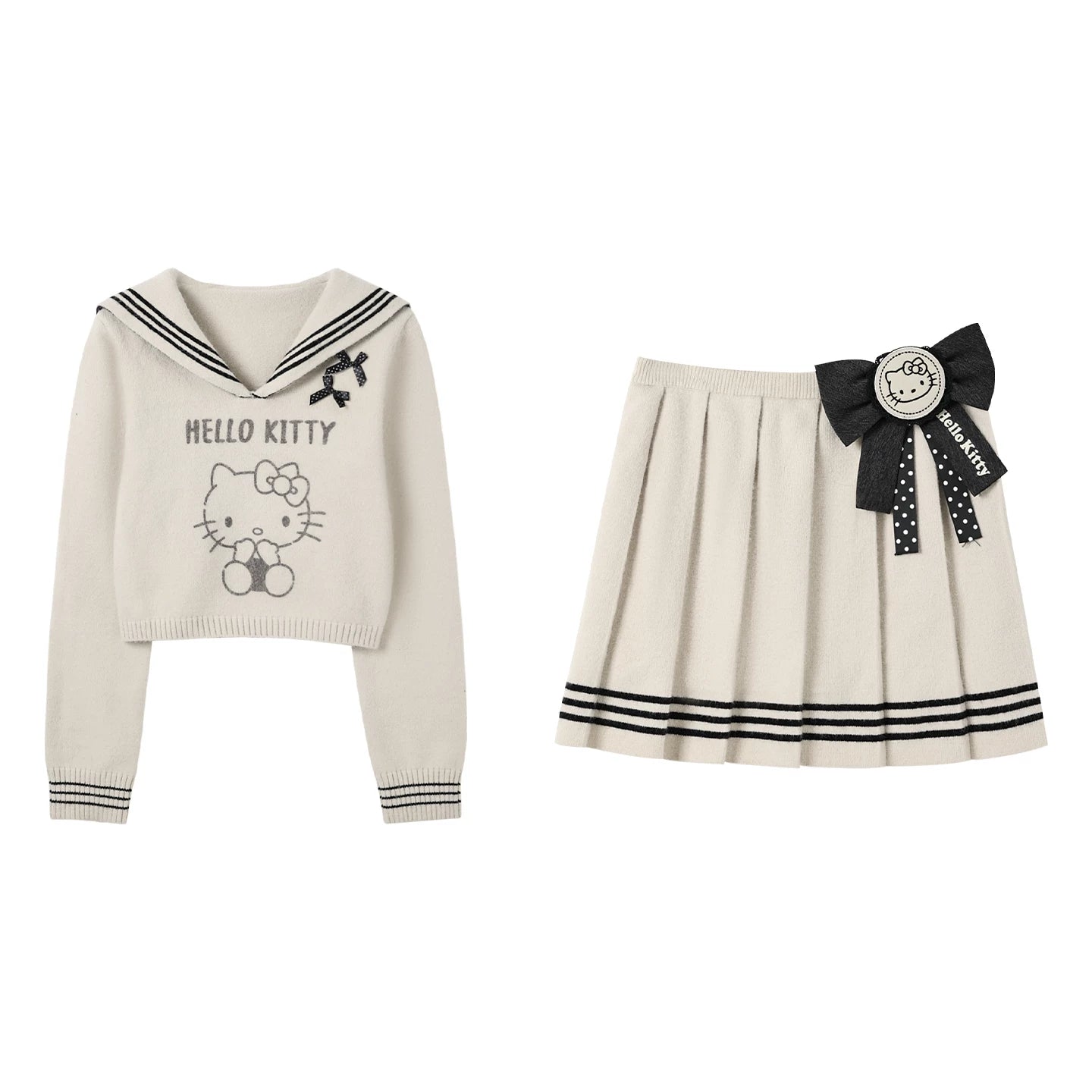 170726K "Kitty Harbor" Oat Beige Sailor Knit Set (Sailor Collar Knit Sweater + Pleated Knit Skirt)