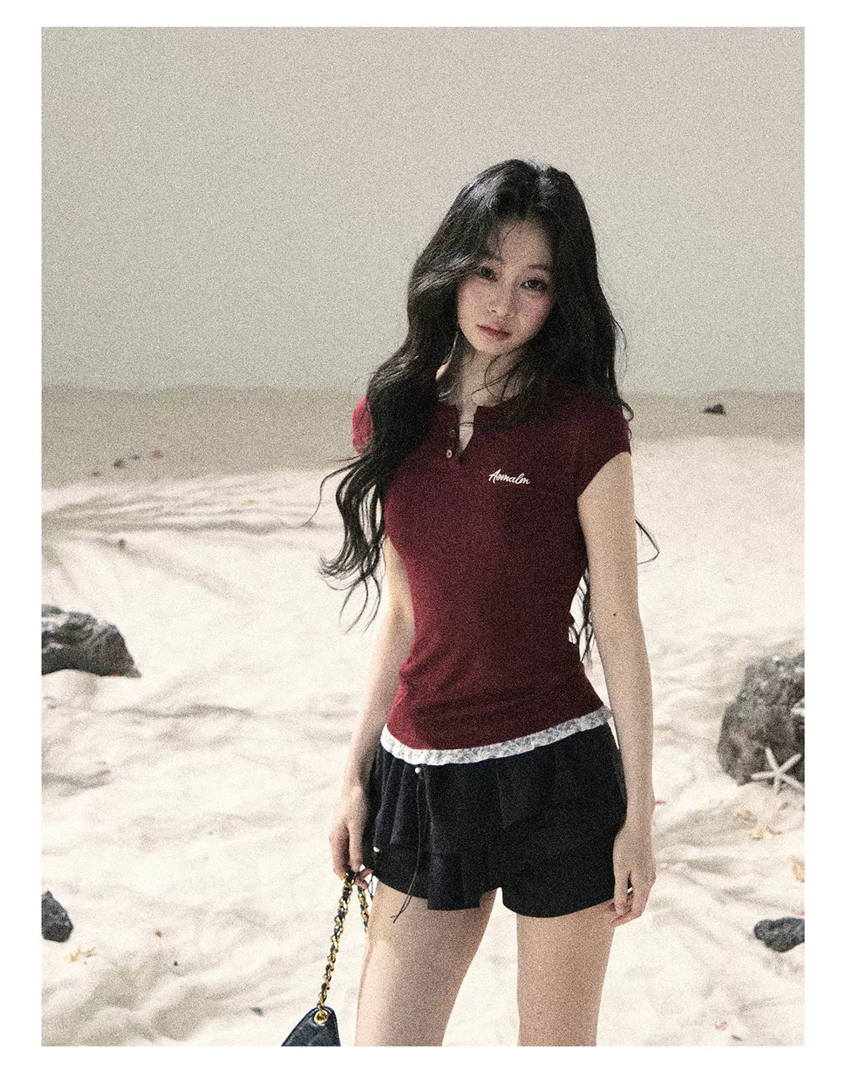 "Letter from the Tides" Burgundy Red Faux Two-Piece Lace Waist-Fit Crop Top 452436