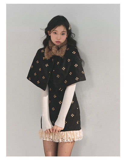 少也眼 “Snowy Night Waltz” French-Style Wool Dress with Detachable Fur Cape
