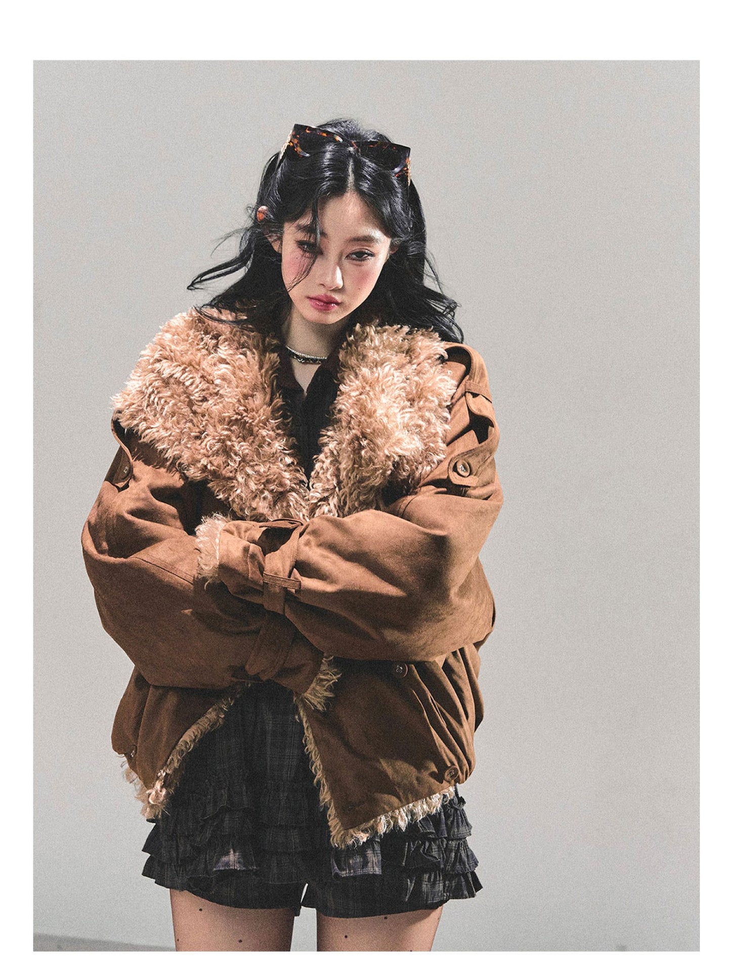 少也眼 "Velveted Winter" Cozy Shearling Fleece Jacket - Coffee Brown