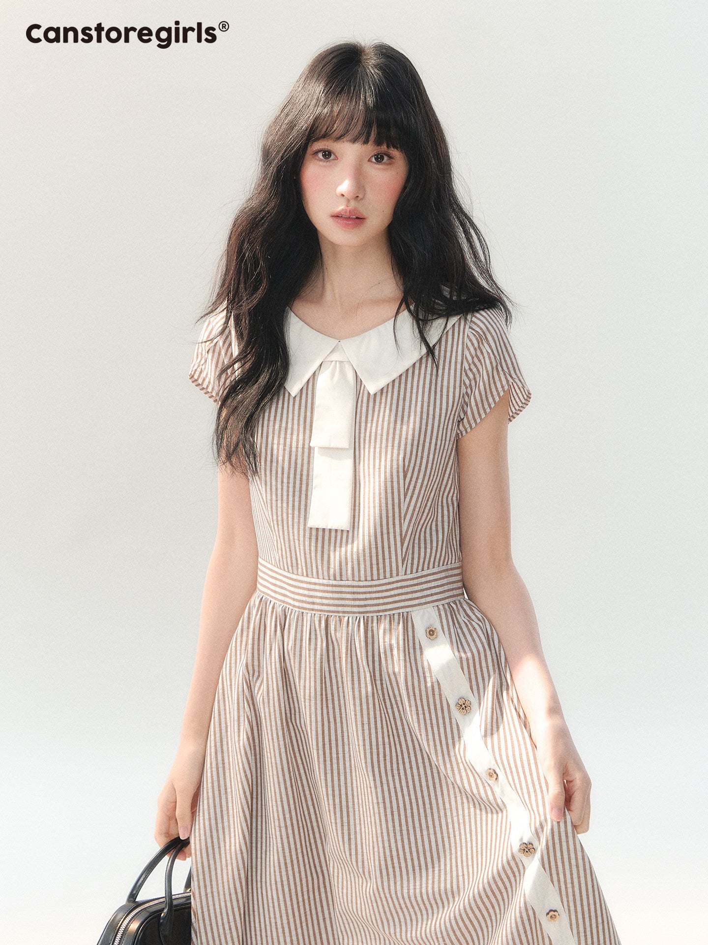 170726C "Coffee Meets Cream" Mocha Stripe Bow Collar Dress