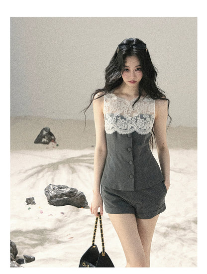 "Blossoms Through the Mist" Moon Mist Gray Lace Top & Tailored Shorts Two-Piece Set