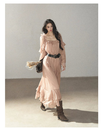 AOMALM - "Waiting for Sunset" Soft Pink French Ruffle Maxi Dress with Belt