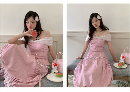 “Peach Mist Starlit Meadow” Pink Off-Shoulder Skirt Set