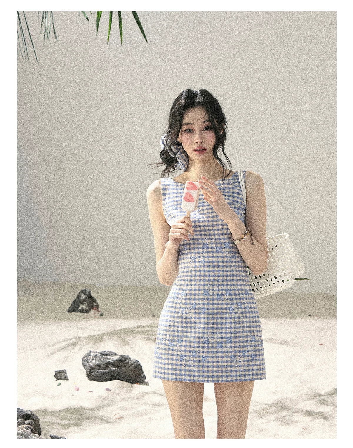 "Sea Breeze Reverie" Sky Blue Embroidered Plaid Mini Dress (With Matching Scrunchie)