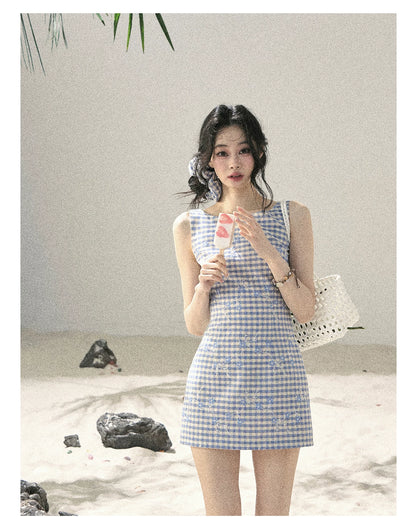 "Sea Breeze Reverie" Sky Blue Embroidered Plaid Mini Dress (With Matching Scrunchie)