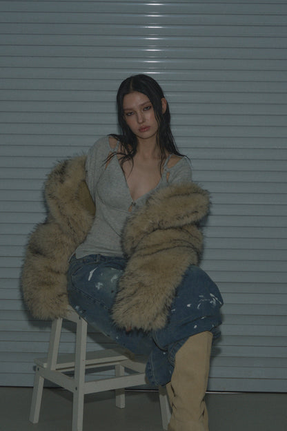 Muirgen - Y2K Tipped Faux Camel Hair Shawl Cropped Jacket