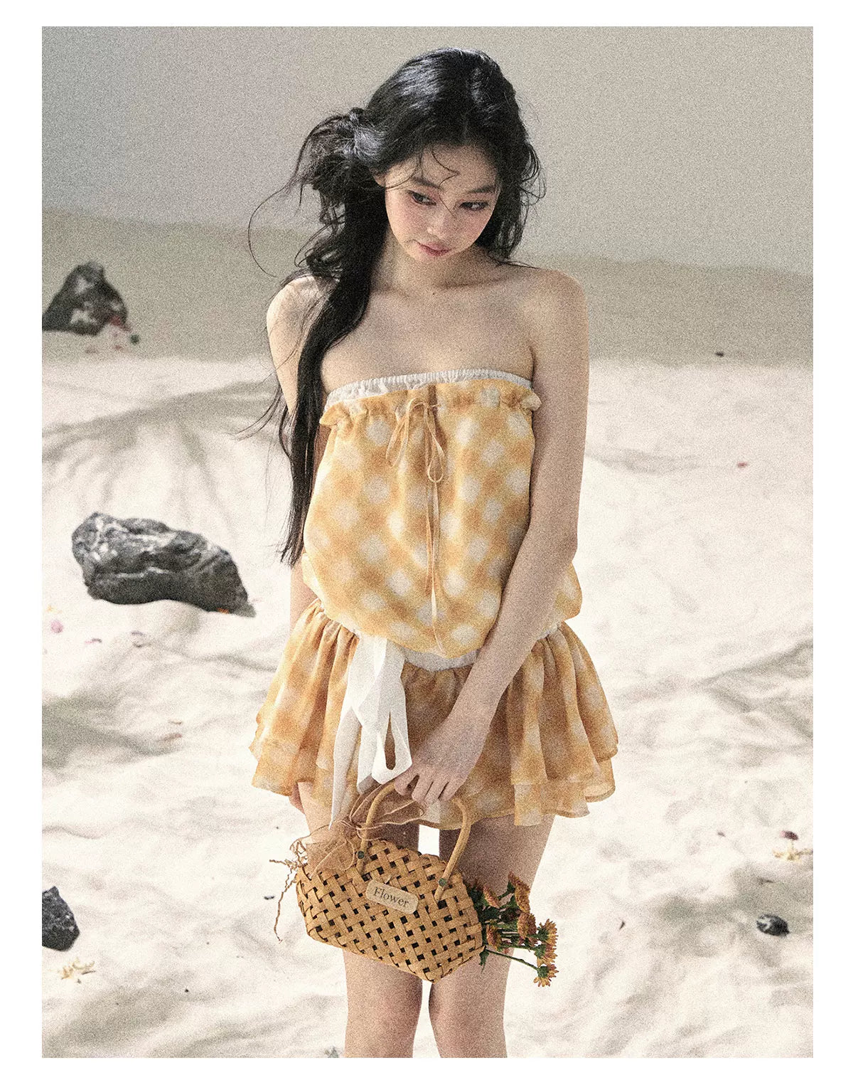 "Breeze Upon the Waves" Cheese Yellow Off-Shoulder Diamond Quilted Mini Dress