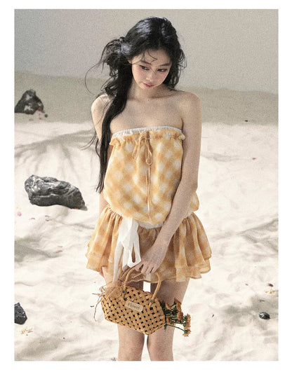 "Breeze Upon the Waves" Cheese Yellow Off-Shoulder Diamond Quilted Mini Dress