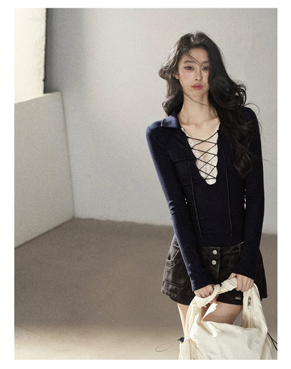 AOMALM - "Soft Interlude" Navy Blue Korean Lace Knit Cropped Top with Tie