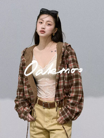 OAKMOO - Wool Textured Plaid Hooded Short Jacket – Coffee Quartz Brown 25Q423