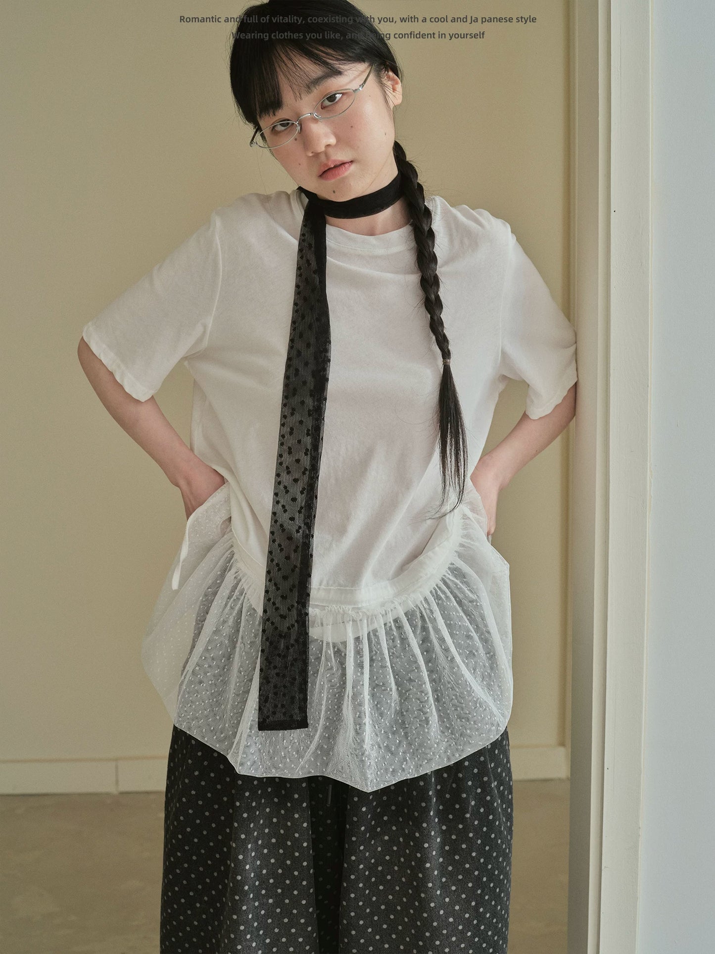 "Dot Veil" Polka Dot Mesh Panel T-Shirt (White / Gray)