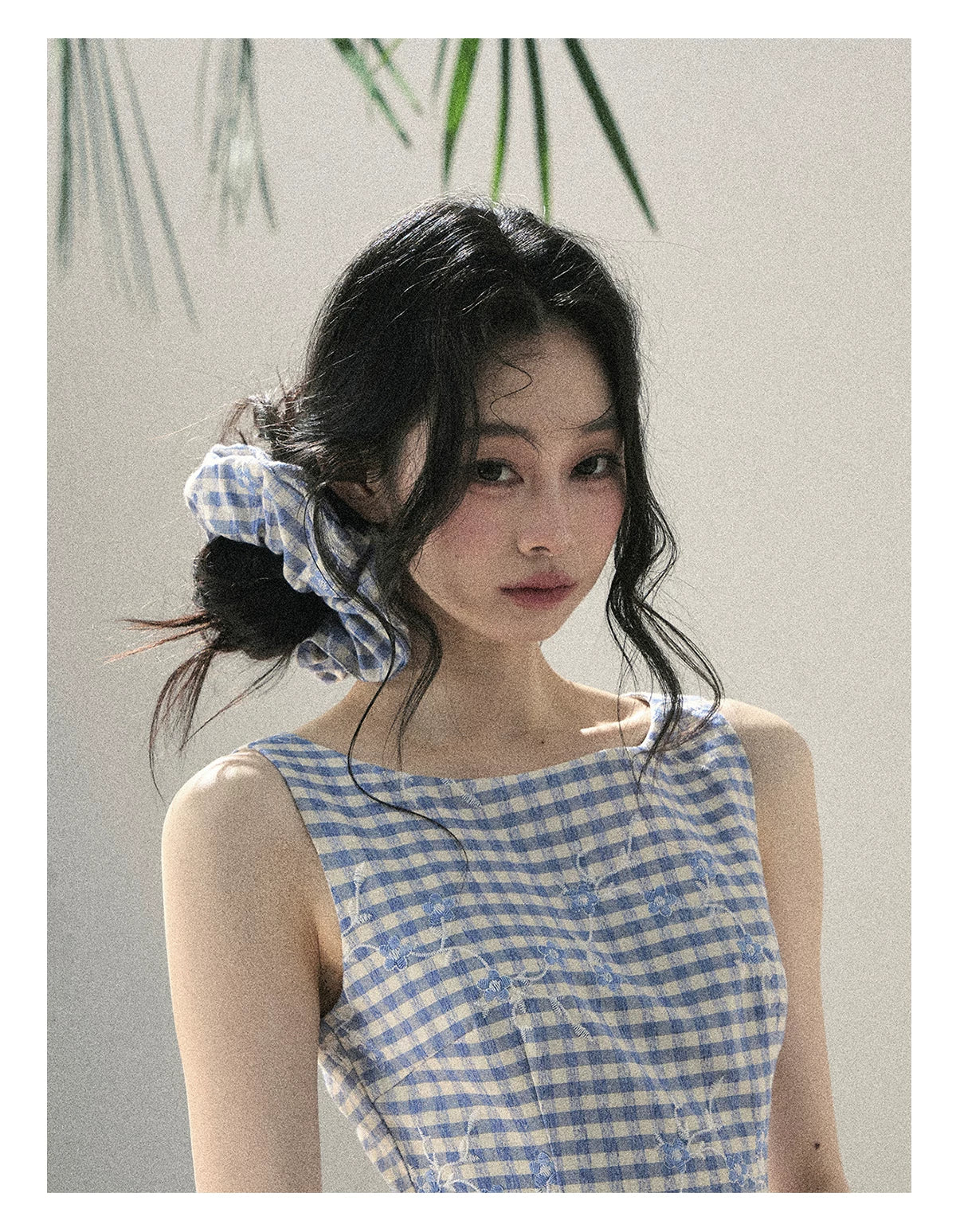 "Sea Breeze Reverie" Sky Blue Embroidered Plaid Mini Dress (With Matching Scrunchie)