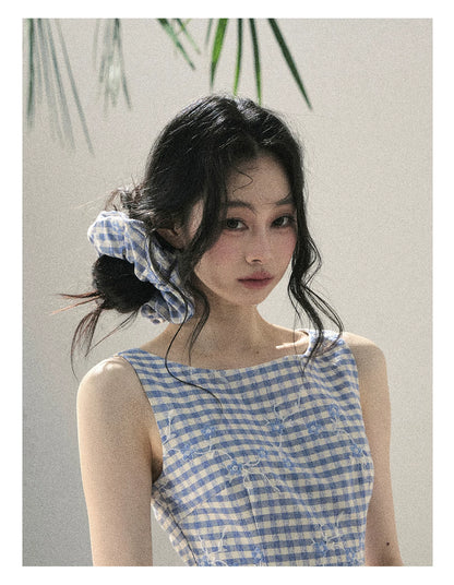 "Sea Breeze Reverie" Sky Blue Embroidered Plaid Mini Dress (With Matching Scrunchie)