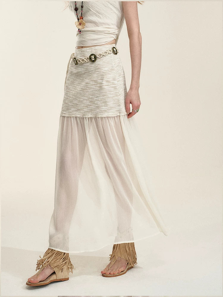 Apricot Sheer-Panel Midi Skirt