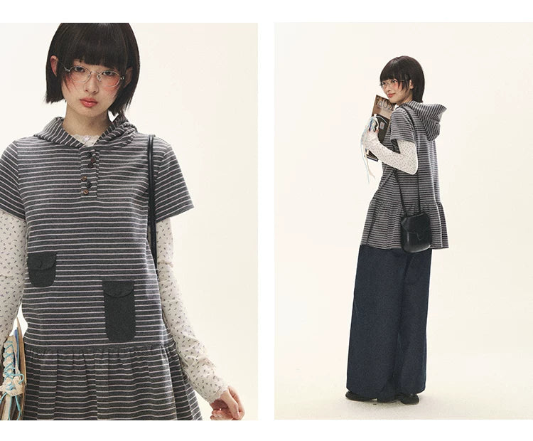 "Seoul Diary" Gray & Pink Stripe Hooded Knit Mini Dress